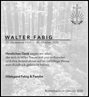 Traueranzeige von Walter Fabig von Südthüringer Presse