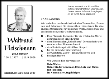 Traueranzeige von Waltraud Fleischmann von Südthüringer Presse