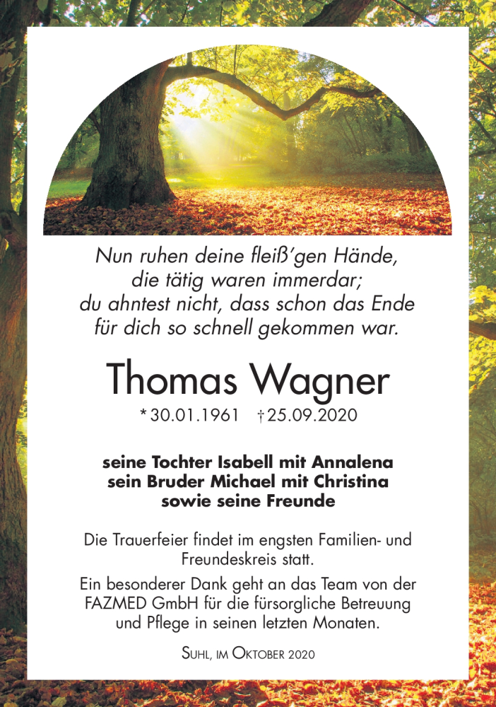  Traueranzeige für Thomas Wagner vom 10.10.2020 aus Südthüringer Presse