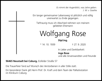 Traueranzeige von Wolfgang Rose von Neue Presse Coburg