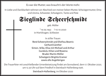 Traueranzeige von Sieglinde Scheerschmidt von Südthüringer Presse