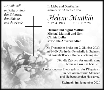 Traueranzeige von Helene Matthäi von Südthüringer Presse