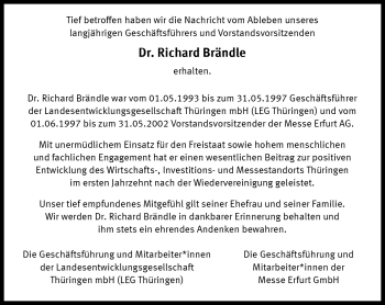 Traueranzeige von Dr. Richard Brändle von Südthüringer Presse