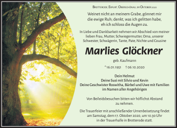Traueranzeige von Marlies Glöckner von Südthüringer Presse