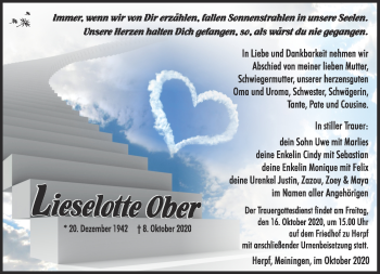 Traueranzeige von Lieselotte Ober von Südthüringer Presse