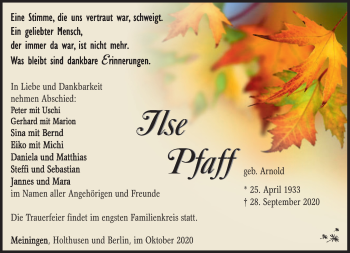 Traueranzeige von Ilse Pfaff von Südthüringer Presse