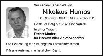 Traueranzeige von Nikolaus Humps von Frankenpost