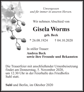 Traueranzeige von Gisela Worms von Südthüringer Presse