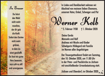 Traueranzeige von Werner Kolb von Südthüringer Presse