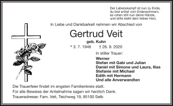 Traueranzeige von Gertrud Veit von Frankenpost