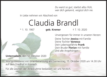 Traueranzeige von Claudia Brandl von Neue Presse Coburg