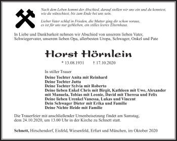 Traueranzeige von Horst Hörnlein von Südthüringer Presse