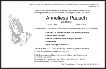 Traueranzeige von Anneliese Pausch von Frankenpost