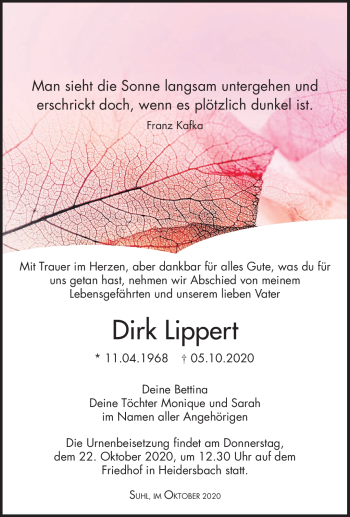 Traueranzeige von Dirk Lippert von Südthüringer Presse