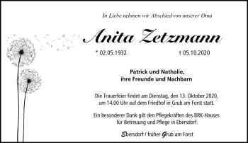 Traueranzeige von Anita Zetzmann von Neue Presse Coburg
