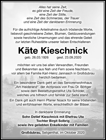 Traueranzeige von Käte Kieschnick von Südthüringer Presse