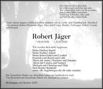 Traueranzeige von Robert Jäger von Südthüringer Presse