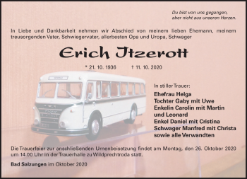 Traueranzeige von Erich Itzerott von Südthüringer Presse