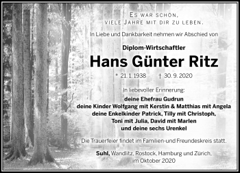 Traueranzeige von Hans Günter Ritz von Südthüringer Presse