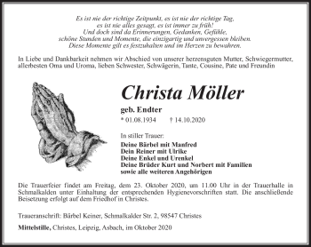 Traueranzeige von Christa Möller von Südthüringer Presse