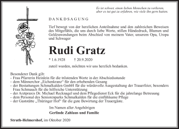 Traueranzeige von Rudi Gratz von Südthüringer Presse