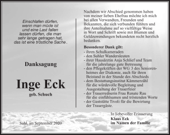 Traueranzeige von Inge Eck von Südthüringer Presse