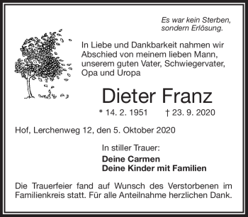 Traueranzeige von Dieter Franz von Frankenpost