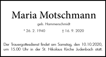 Traueranzeige von Maria Motschmann von Südthüringer Presse