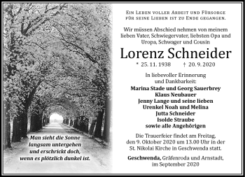 Traueranzeige von Lorenz Schneider von Südthüringer Presse