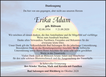Traueranzeige von Erika Adam von Südthüringer Presse