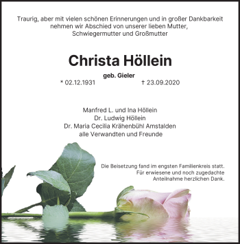 Traueranzeige von Christa Höllein von Neue Presse Coburg