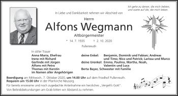Traueranzeige von Alfons Wegmann von Frankenpost