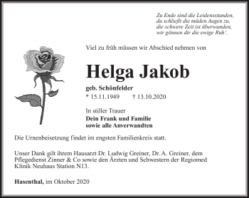 Traueranzeige von Helga Jakob von Südthüringer Presse