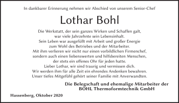 Traueranzeige von Lothar Bohl von Neue Presse Coburg