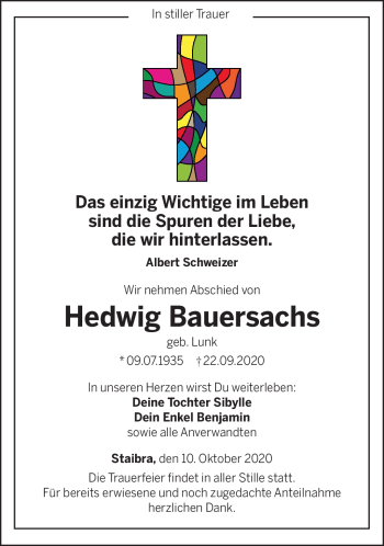 Traueranzeige von Hedwig Bauersachs von Neue Presse Coburg