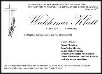 Traueranzeige von Waldemar Klatt von Frankenpost