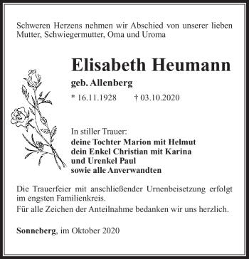 Traueranzeige von Elisabeth Heumann von Südthüringer Presse