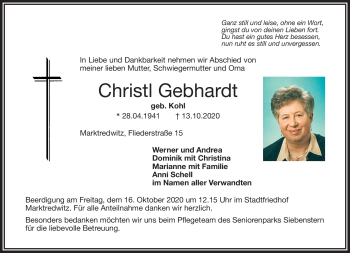 Traueranzeige von Christl Gebhardt von Frankenpost