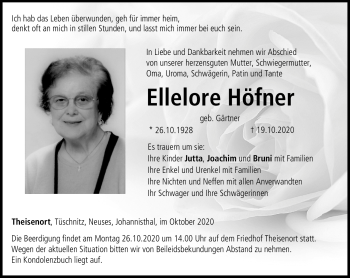 Traueranzeige von Ellelore Höfner von Neue Presse Coburg