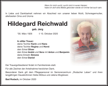 Traueranzeige von Hildegard Reichwald von Südthüringer Presse