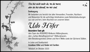 Traueranzeige von Udo Höfer von Südthüringer Presse