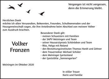 Traueranzeige von Volker Franzen von Südthüringer Presse