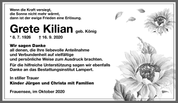 Traueranzeige von Grete Kilian von Südthüringer Presse