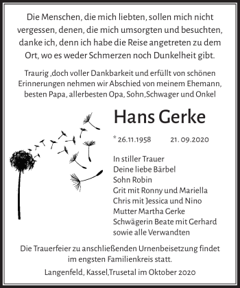 Traueranzeige von Hans Gerke von Südthüringer Presse