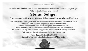 Traueranzeige von Stefan Seliger von Neue Presse Coburg