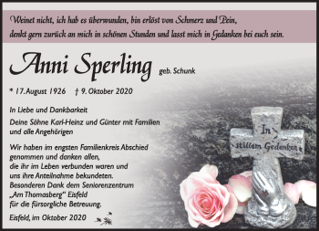 Traueranzeige von Anni Sperling von Südthüringer Presse