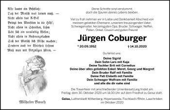 Traueranzeige von Jürgen Coburger von Südthüringer Presse