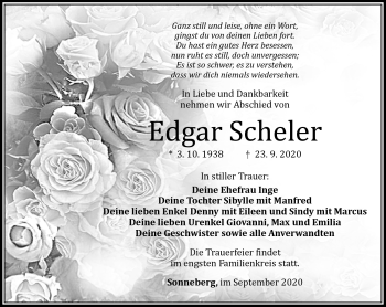 Traueranzeige von Edgar Scheler von Südthüringer Presse