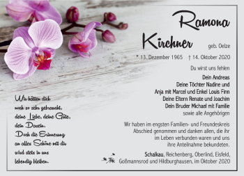 Traueranzeige von Ramona Kirchner von Südthüringer Presse