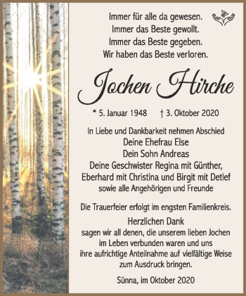 Traueranzeige von Jochen Hirche von Südthüringer Presse